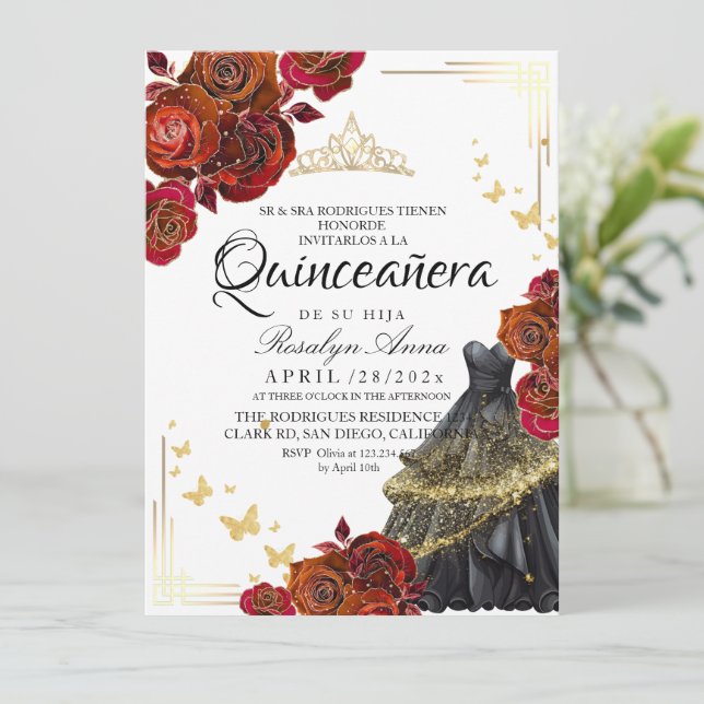 Invitación Elegante Mariposa de Oro Rosa Rojo Quinceañera (Anverso de pie)