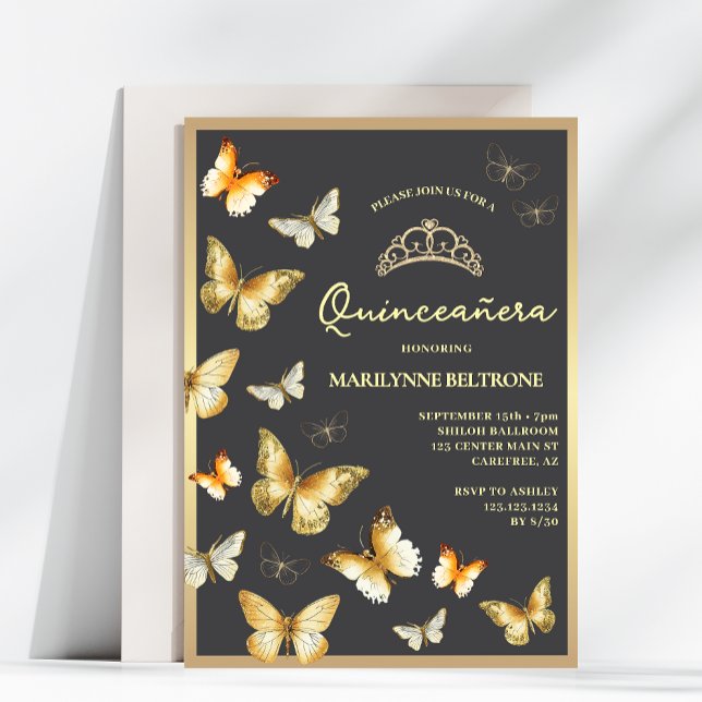 Invitación Elegante mariposa de oro Tiara Quinceañera (Subido por el creador)