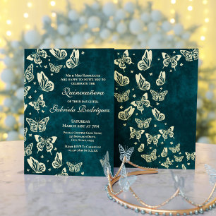 Invitación Elegante mariposa de oro verde esmeralda Quinceañe