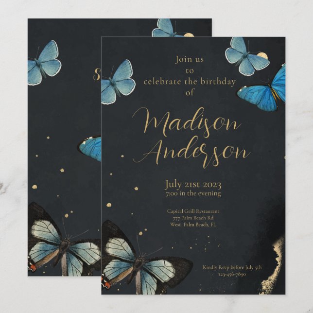 Invitación Elegante mariposa dorada Adulto negro cumpleaños (Anverso / Reverso)