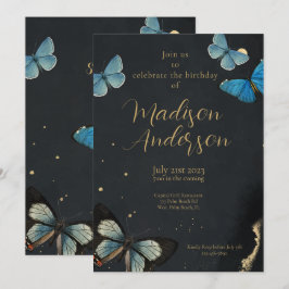 Invitación Elegante mariposa dorada Adulto negro cumpleaños