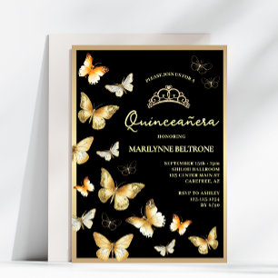 Invitación Elegante mariposa dorada negra Quinceañera