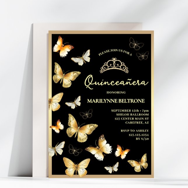 Invitación Elegante mariposa dorada negra Quinceañera (Subido por el creador)