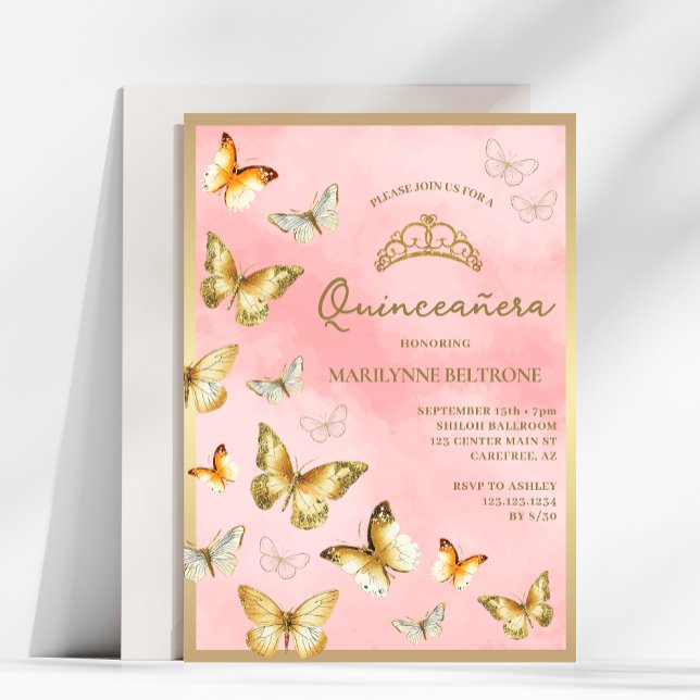 Invitación Elegante mariposa dorada rosa Quinceañera (Subido por el creador)
