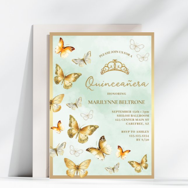 Invitación Elegante Mariposa Dorada Verde Quinceañera (Subido por el creador)