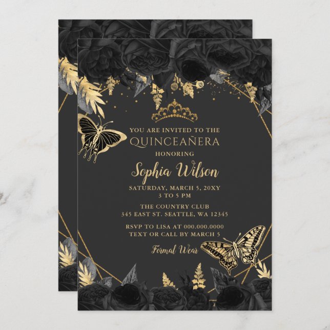 Invitación Elegante Mariposa Floral de Oro Negro Quinceañera (Anverso / Reverso)
