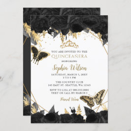 Invitación Elegante Mariposa Floral de Oro Negro Quinceañera