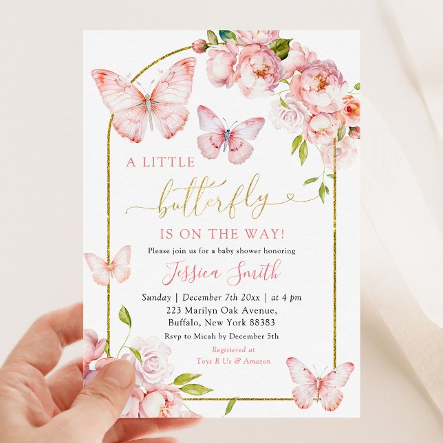 Invitación Elegante Mariposa Floral De Oro Rosa Está En Camin (Subido por el creador)