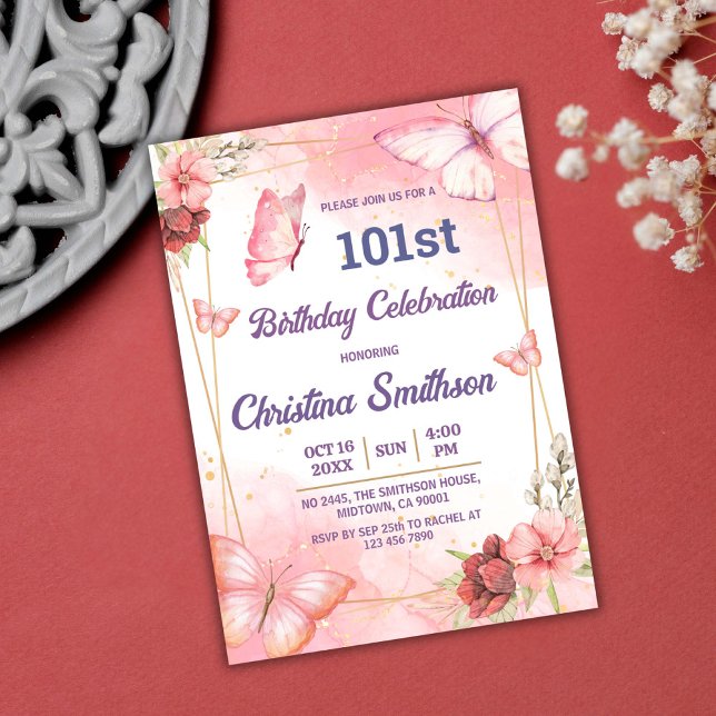 Invitación Elegante mariposa floral rosa lindo 101 cumpleaños (Subido por el creador)