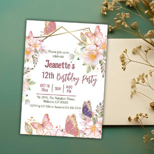 Invitación Elegante mariposa floral rosa lindo 12º cumpleaños