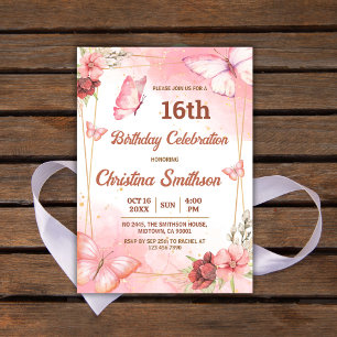 Invitación Elegante mariposa floral rosa lindo 16 años