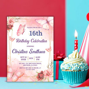 Invitación Elegante mariposa floral rosa lindo 16 años