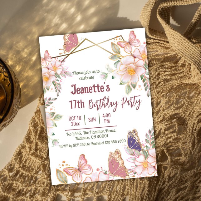 Invitación Elegante mariposa floral rosa lindo 17 años (Front )