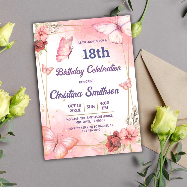 Invitación Elegante mariposa floral rosa lindo 18 años (Subido por el creador)