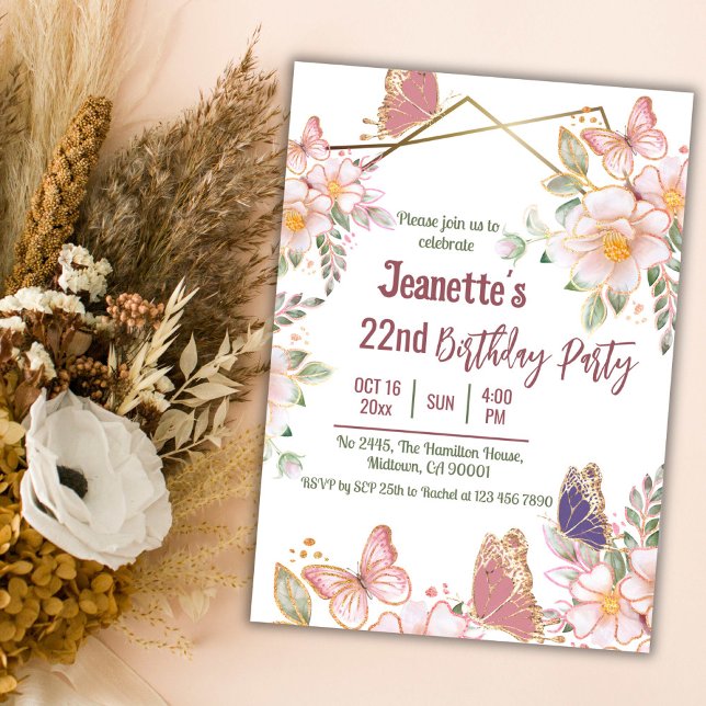 Invitación Elegante mariposa floral rosa lindo 22 cumpleaños (Subido por el creador)