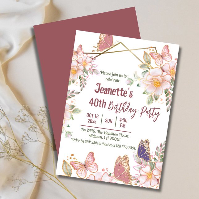 Invitación Elegante mariposa floral rosa lindo 40 cumpleaños (Front/Back )