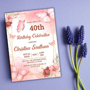 Invitación Elegante mariposa floral rosa lindo 40 cumpleaños