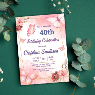 Invitación Elegante mariposa floral rosa lindo 40 cumpleaños