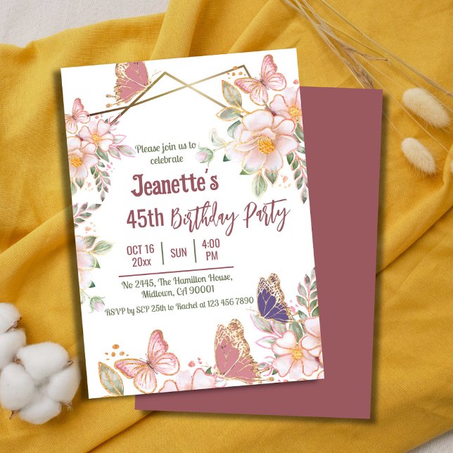Invitación Elegante mariposa floral rosa lindo 45 años (Front/Back )