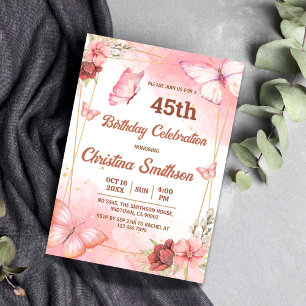 Invitación Elegante mariposa floral rosa lindo 45 años