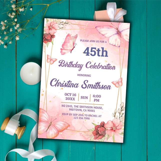 Invitación Elegante mariposa floral rosa lindo 45 años (Subido por el creador)