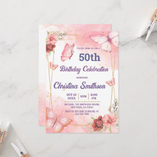 Invitación Elegante mariposa floral rosa lindo 50 cumpleaños