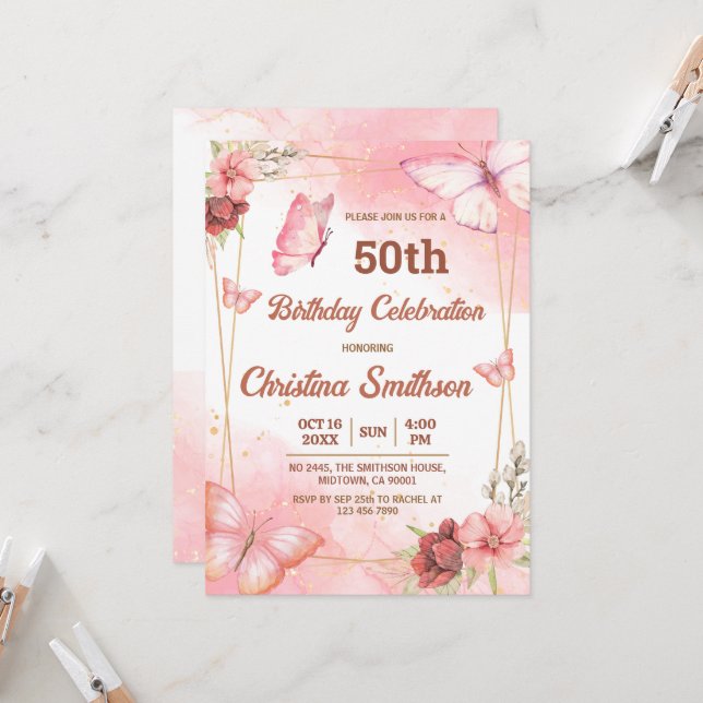 Invitación Elegante mariposa floral rosa lindo 50 cumpleaños (Anverso/Reverso In Situ)