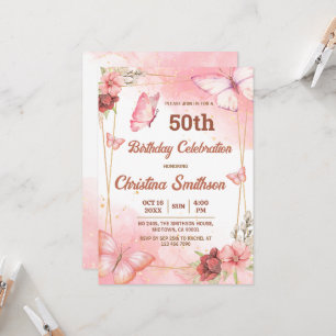 Invitación Elegante mariposa floral rosa lindo 50 cumpleaños