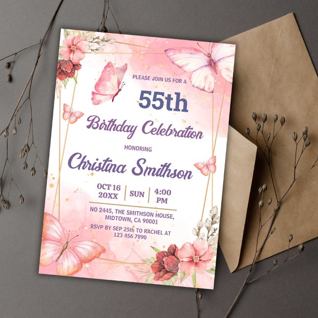 Invitación Elegante mariposa floral rosa lindo 55 años (Subido por el creador)