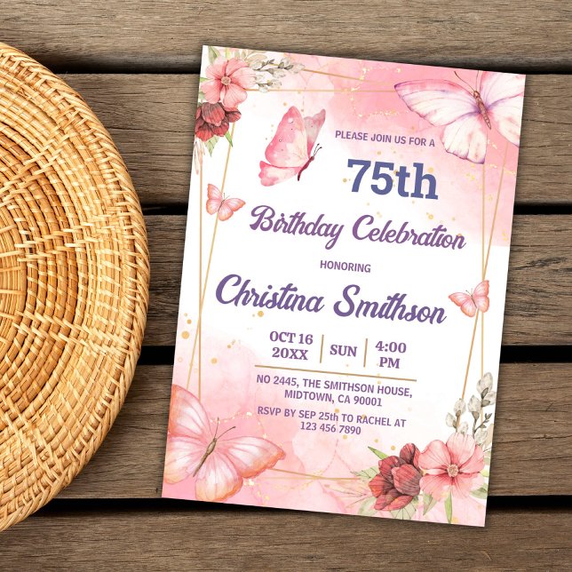 Invitación Elegante mariposa floral rosa lindo 75 años (Subido por el creador)