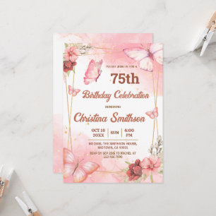 Invitación Elegante mariposa floral rosa lindo 75 años