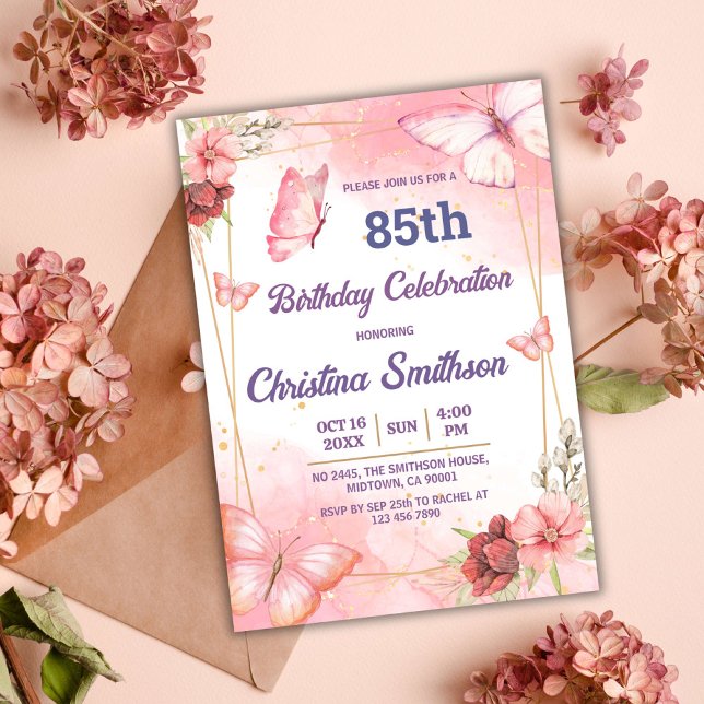Invitación Elegante mariposa floral rosa lindo 85 cumpleaños (Subido por el creador)