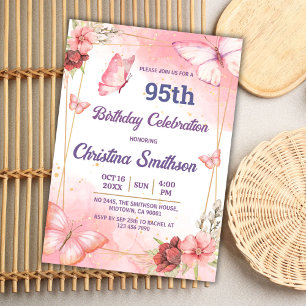 Invitación Elegante mariposa floral rosa lindo 95 cumpleaños