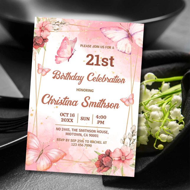 Invitación Elegante mariposa floral rosa lindo cumpleaños 21 (Subido por el creador)