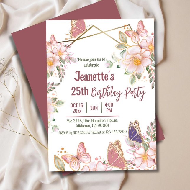 Invitación Elegante mariposa floral rosa lindo cumpleaños 25 (Subido por el creador)