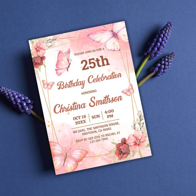 Invitación Elegante mariposa floral rosa lindo cumpleaños 25 (Subido por el creador)