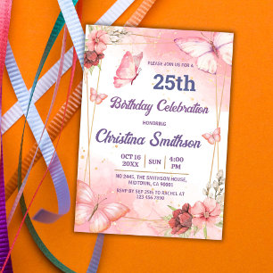 Invitación Elegante mariposa floral rosa lindo cumpleaños 25