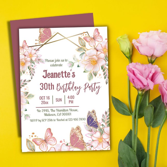 Invitación Elegante mariposa floral rosa lindo cumpleaños 30 (Front/Back )