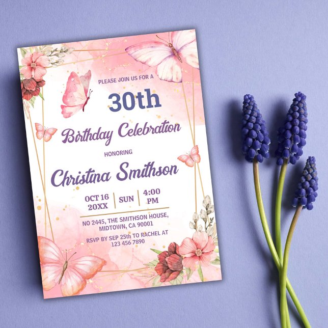 Invitación Elegante mariposa floral rosa lindo cumpleaños 30 (Subido por el creador)