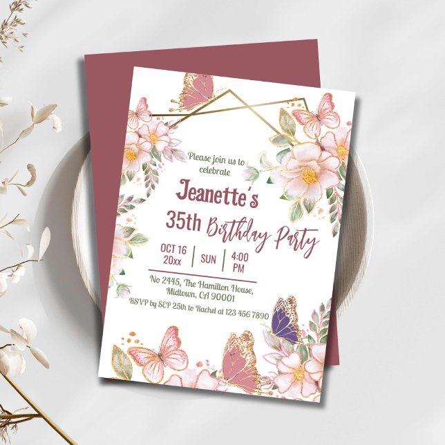 Invitación Elegante mariposa floral rosa lindo cumpleaños 35 (Subido por el creador)