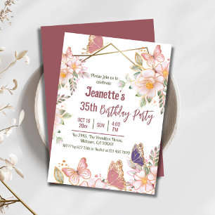 Invitación Elegante mariposa floral rosa lindo cumpleaños 35