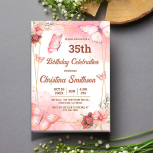 Invitación Elegante mariposa floral rosa lindo cumpleaños 35