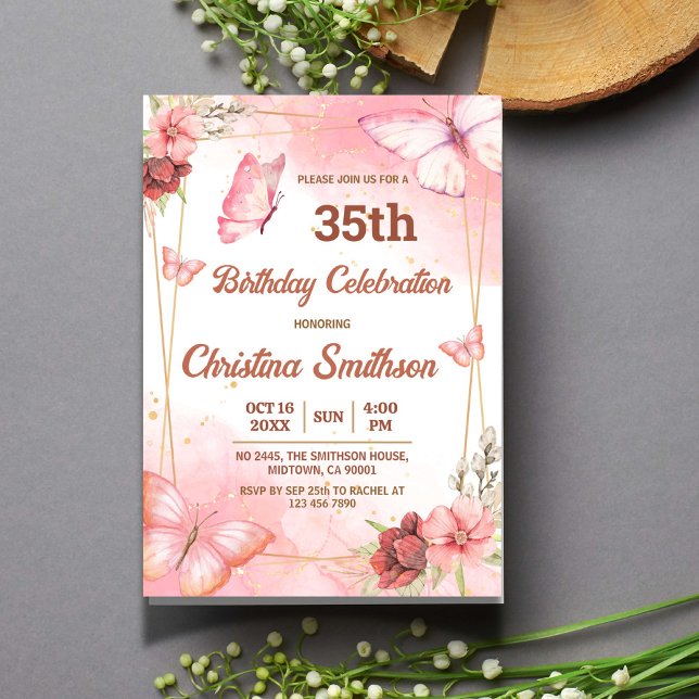 Invitación Elegante mariposa floral rosa lindo cumpleaños 35 (Subido por el creador)