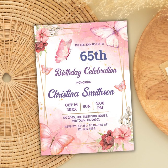 Invitación Elegante mariposa floral rosa lindo cumpleaños 65 (Subido por el creador)