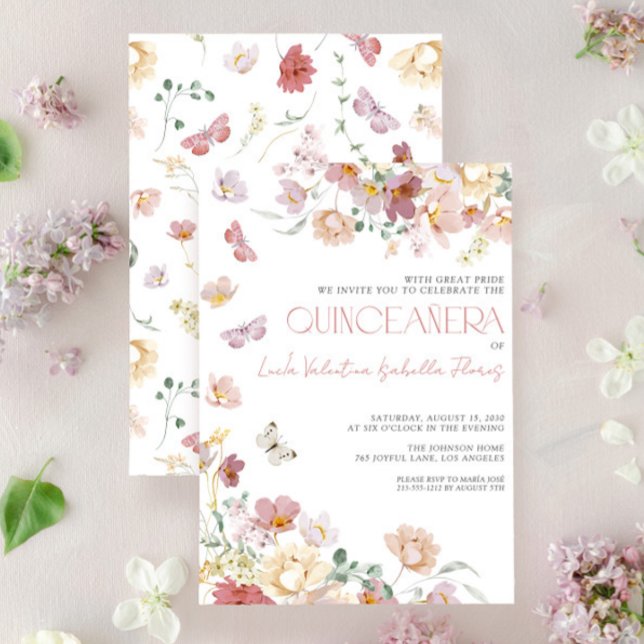 Invitación Elegante mariposa floral rosa Rubor Quinceañera (Subido por el creador)