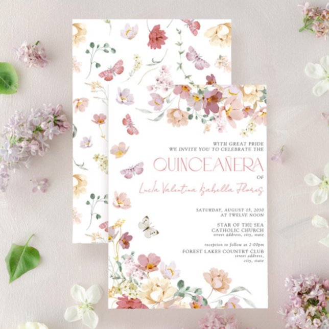 Invitación Elegante mariposa floral rosa Rubor Quinceanera (Subido por el creador)