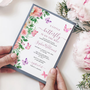 Invitación Elegante mariposa Floral rosa y morada Baby Shower