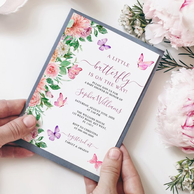 Invitación Elegante mariposa Floral rosa y morada Baby Shower (Subido por el creador)