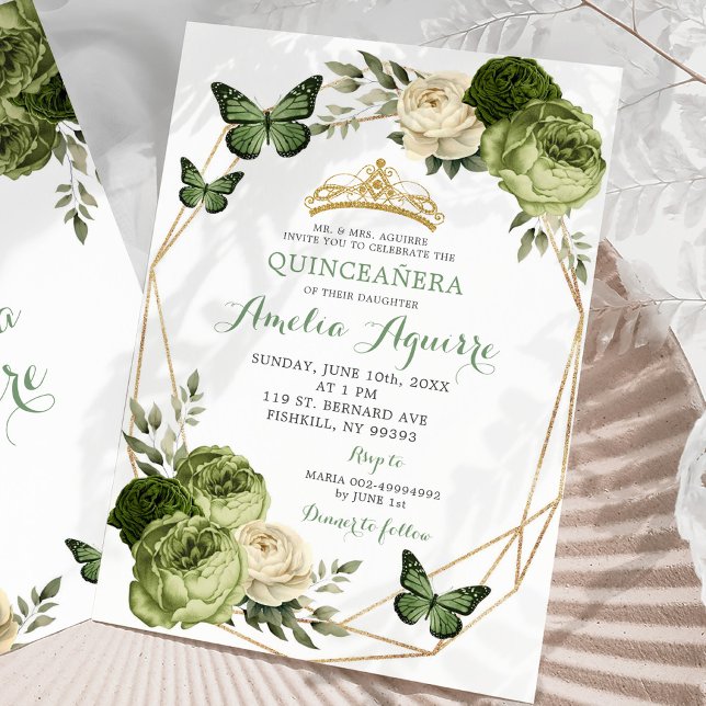 Invitación Elegante Mariposa Floral Verde Sage Quinceañera (Subido por el creador)