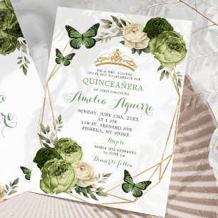 Invitación Elegante Mariposa Floral Verde Sage Quinceañera